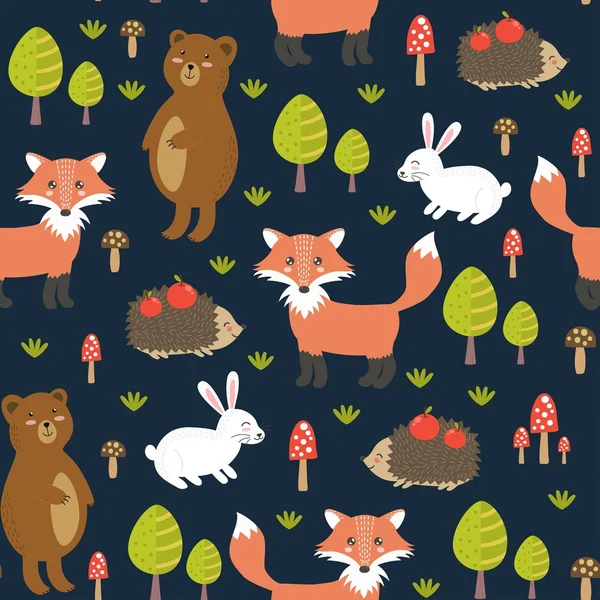 Forest seamless pattern with cute animals — Stock Vector