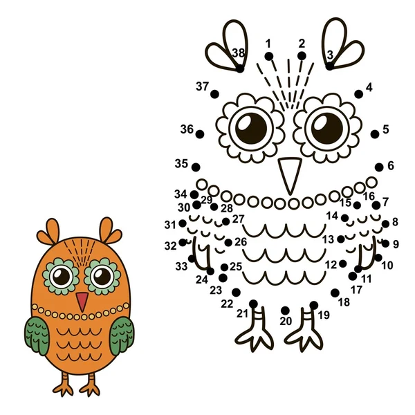 Connect the dots to draw the cute owl and color it — Stock Vector