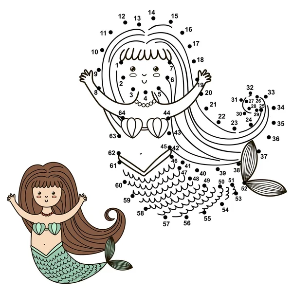 Verbinden Sie die Punkte, um die süße Meerjungfrau zu zeichnen und sie zu färben — Stockvektor