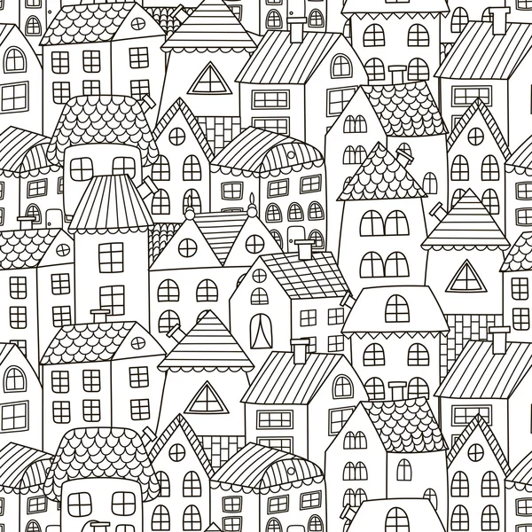 Doodle casas sem costura padrão. Preto e branco cidade fundo — Vetor de Stock