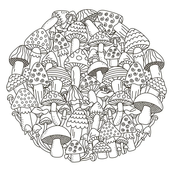 Padrão de forma de círculo com cogumelos de fantasia para colorir livro — Vetor de Stock