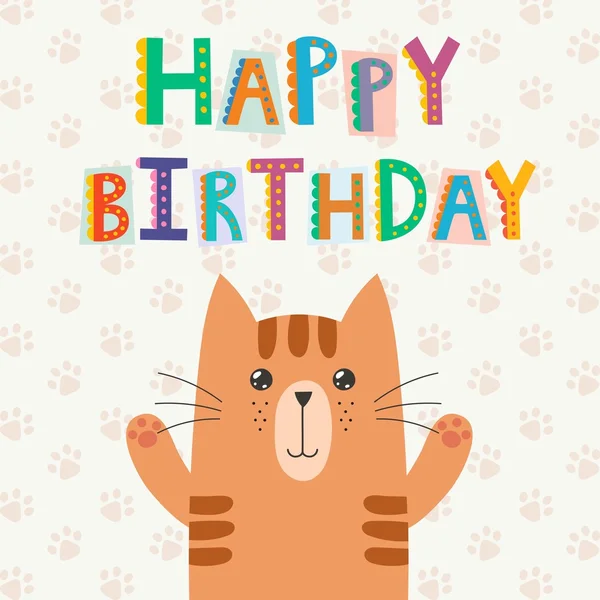 Hälsningen födelsedagskort med en söt katt och rolig text — Stock vektor