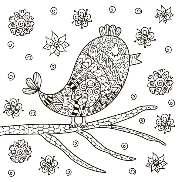 Roztomilý zentangle pták sedící na větvi na omalovánky — Stockový vektor