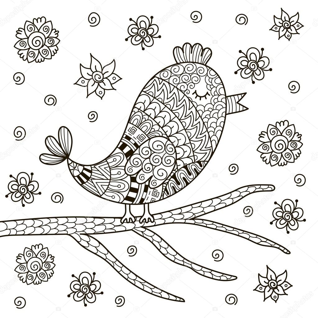 Zentangle Mignon Oiseau Assis Sur Une Branche Pour