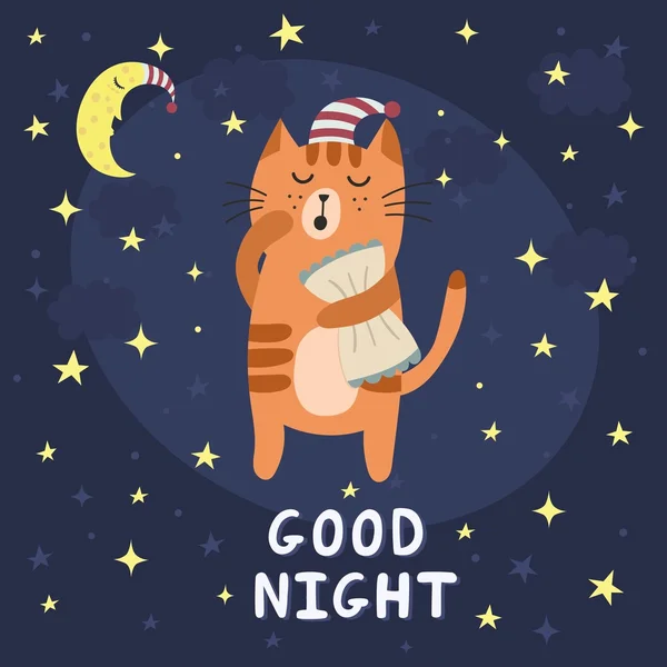 Buena tarjeta de la noche con un lindo gato soñoliento — Vector de stock