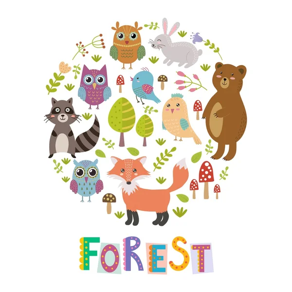 Δάσος κύκλος σχήμα φόντο με χαριτωμένο αλεπού, κουκουβάγιες, αρκούδα, πουλιά και ρακούν — Διανυσματικό Αρχείο