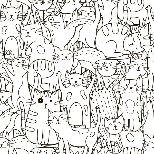 Doodle koty jednolity wzór. Czarno-białe słodkie koty tło — Wektor stockowy