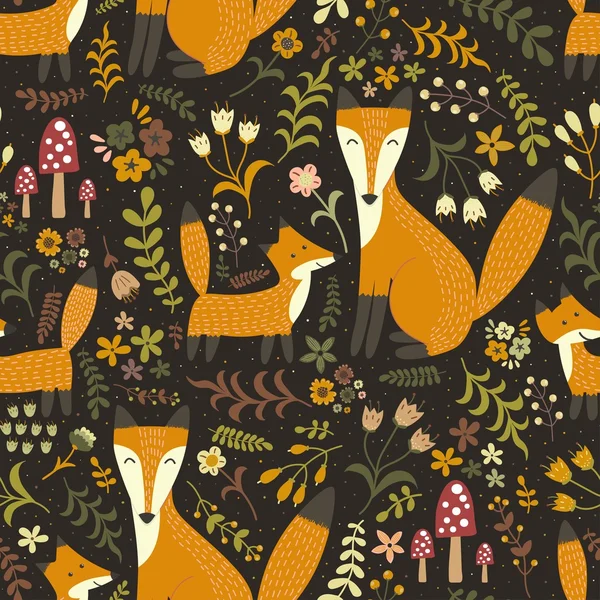 Adorable motif sans couture avec des renards mignons - Mère renard et son bébé — Image vectorielle