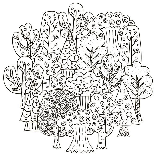 Modello di forma cerchio con alberi di fantasia per libro da colorare — Vettoriale Stock