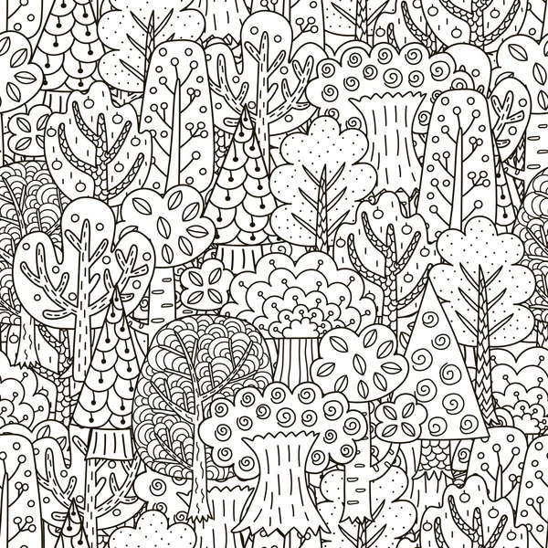 Fantasy forest jednolity wzór. Czarno-białe tło drzew — Wektor stockowy