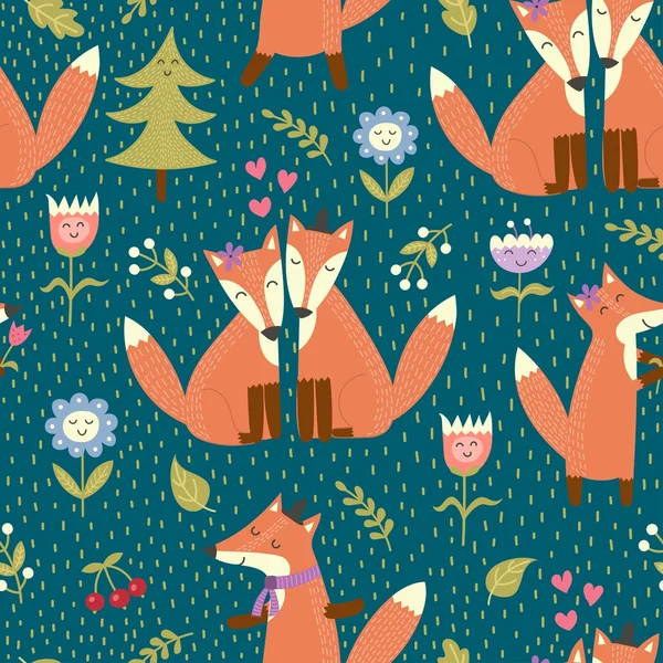 Seamless pattern with cute foxes in the woods. Vector forest texture — Stock Vector