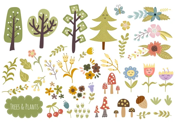 Collection d'arbres, plantes et fleurs — Image vectorielle