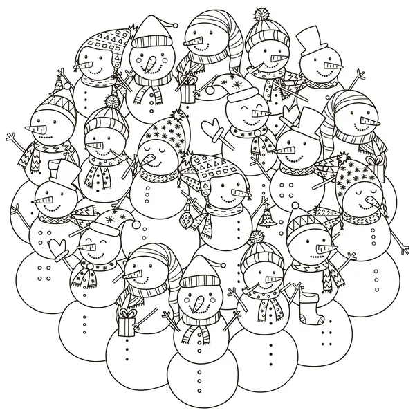 Padrão de forma de círculo com bonecos de neve bonitos para colorir livro —  Vetores de Stock