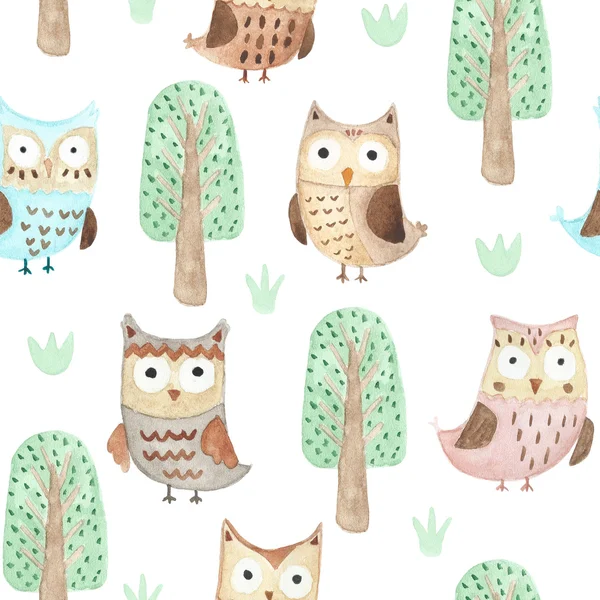 Watercolor owls in the woods seamless pattern — Stock Photo, Image