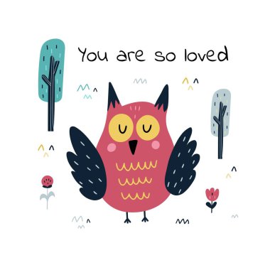 Sevimli bir baykuşla çok sevilen bir baskısın. Çocuklar için orman geçmişi