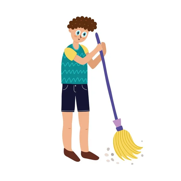 Chico barriendo el suelo. Un joven haciendo limpieza de la casa — Archivo Imágenes Vectoriales