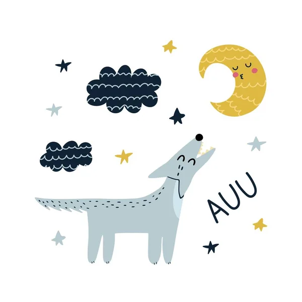 Auu print aranyos farkas üvöltve a Holdra. Vicces kártya egy erdei karakterrel — Stock Vector