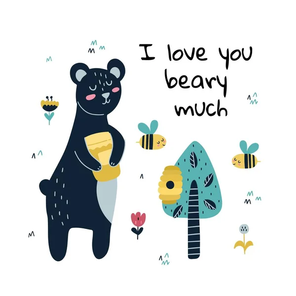 Jag älskar dig jättemycket med en söt björn. Roligt kort — Stock vektor