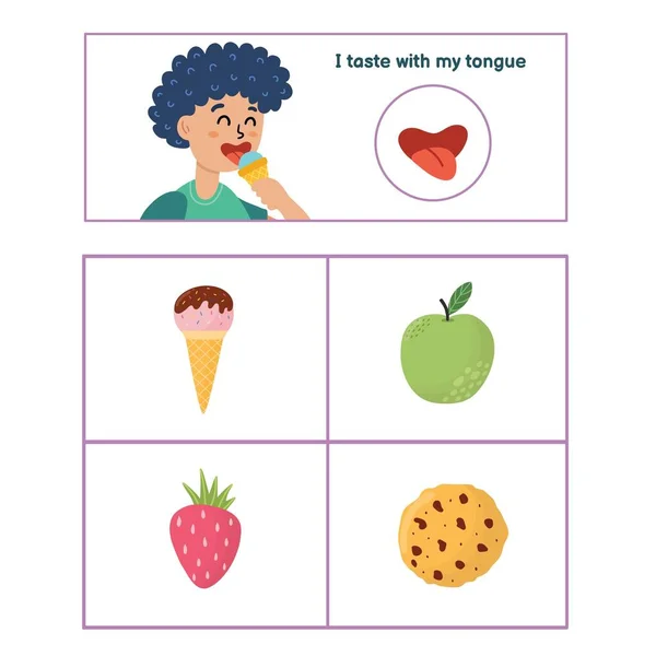 Cartel de cinco sentidos. Página de presentación de sentido del gusto para niños — Vector de stock