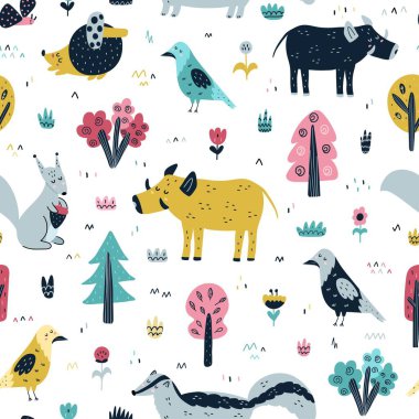 Ormanlık hayvanlar İskandinav tarzında kusursuz desenli. Moda orman arka planı