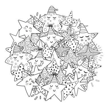 Doodle yıldızları boyama kitabı için şekiller çiziyor. Siyah ve beyaz baskı