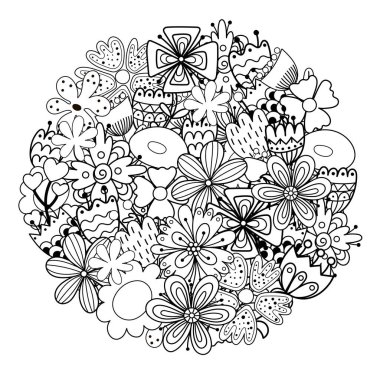Karalama çiçekleriyle renklendirme sayfasını çember yapın. Boyama kitabı için çiçek mandala
