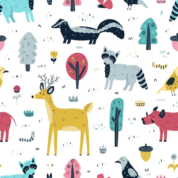 Woodland animals seamless pattern. Cute forest characters background — Stock Vector
