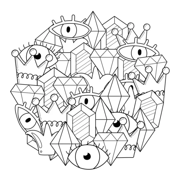 Circle shape coloring page with crystals and eyes. Mysterious doodle mandala — Stock Vector