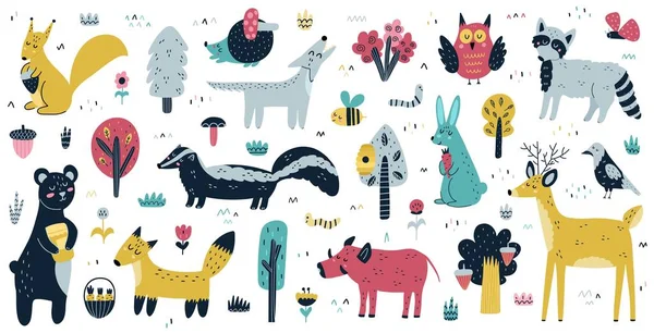 Animaux forestiers grande collection. Personnages et arbres boisés mignons — Image vectorielle