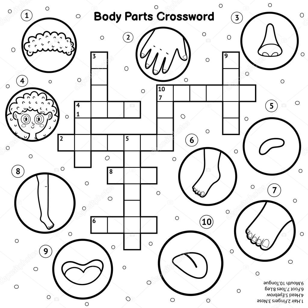 Black and white body parts crossword. My body learning activity and coloring page