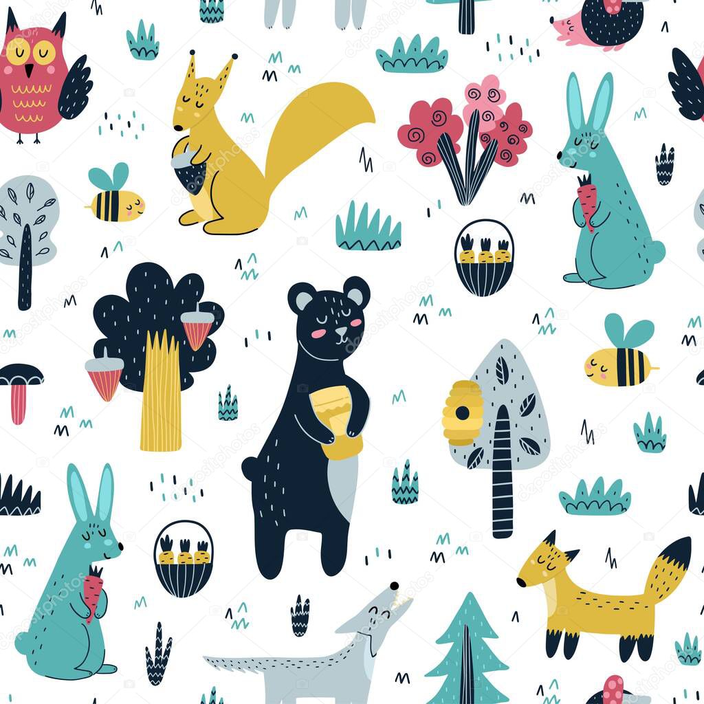 Cute woodland animals seamless pattern. Forest background