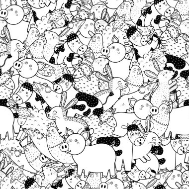 Şirin çiftlik hayvanları siyah beyaz desenli. Komik karalama karakterleriyle renklendirme sayfası