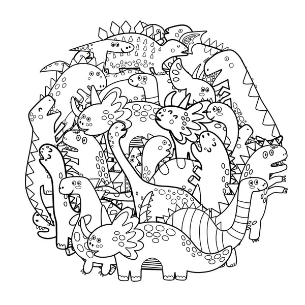 Circle form färg sida med söta dinosaurier. Mandala med dinos — Stock vektor