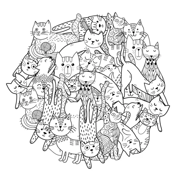 Impresión en forma de círculo con gatos divertidos. Página para colorear con personajes felinos — Vector de stock