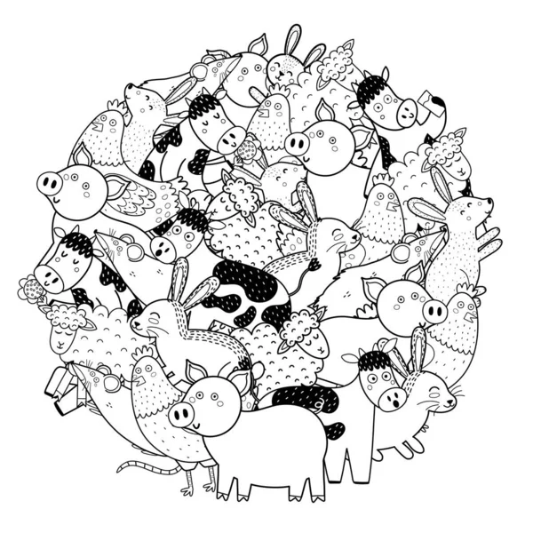 Forma de círculo para colorear página con divertidos personajes de granja. Lindos animales estampados en blanco y negro — Archivo Imágenes Vectoriales