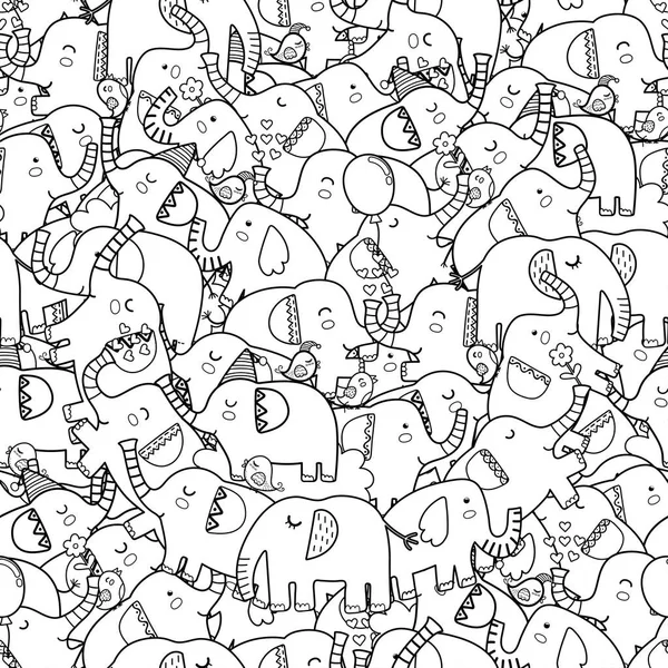 Éléphants mignons motif sans couture noir et blanc. Coloriage — Image vectorielle