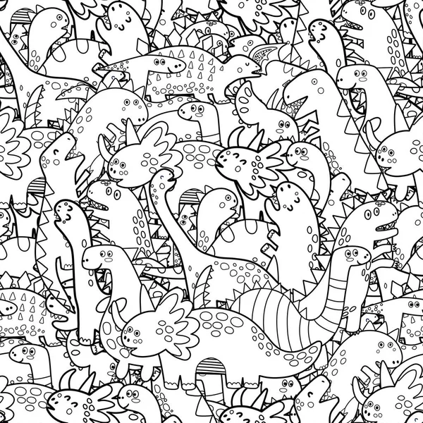 Dinossauros bonitos padrão sem costura preto e branco. Doodle dinos para colorir página — Vetor de Stock