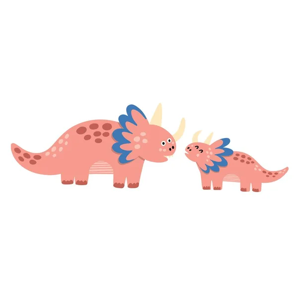 Cute mother and baby dinosaurs print. Funny triceratops dino family clipart — Stock Vector