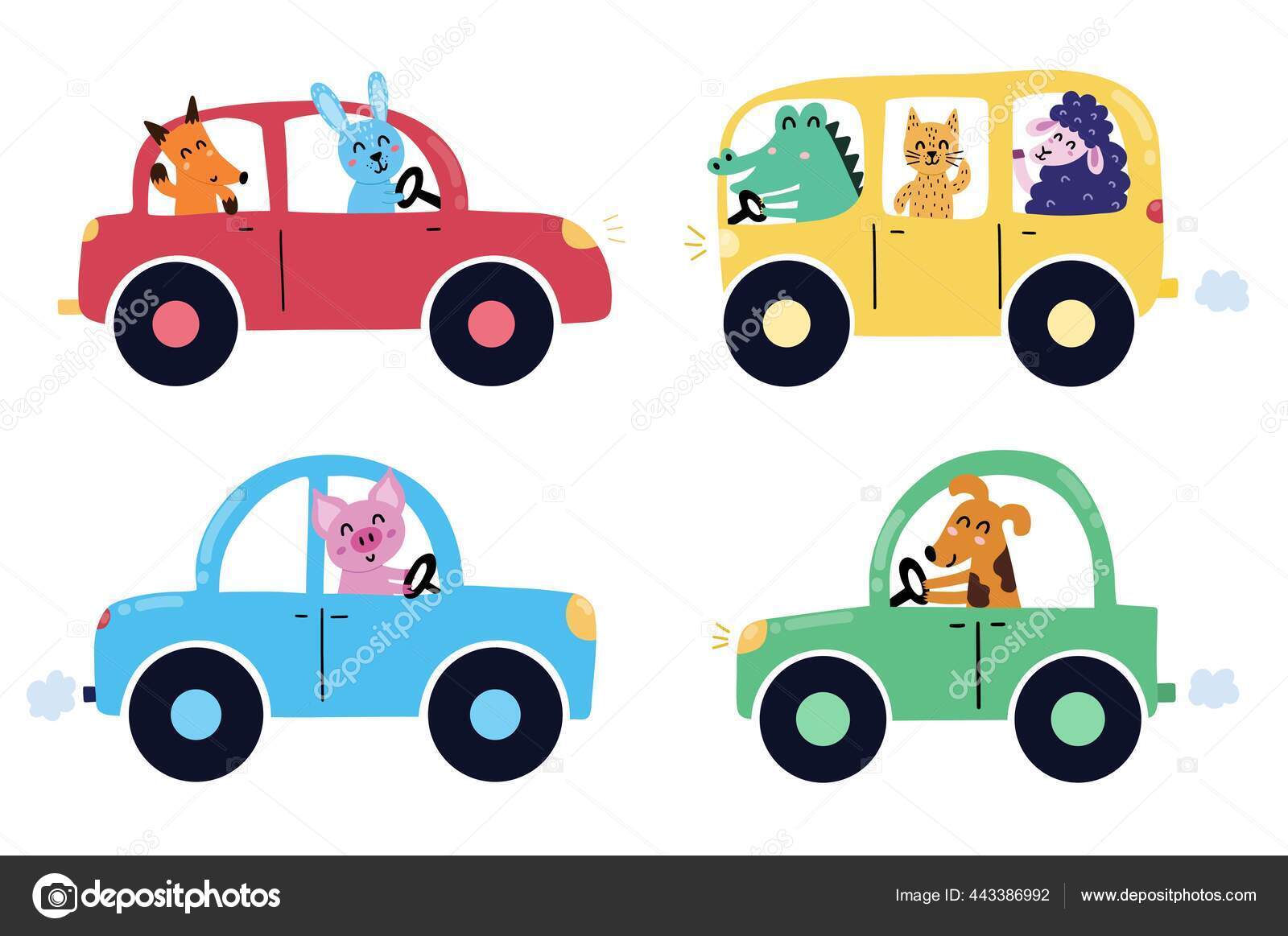 Vecteur Enfants Voiture Ensemble Dessin Animé Couleur Style Sur