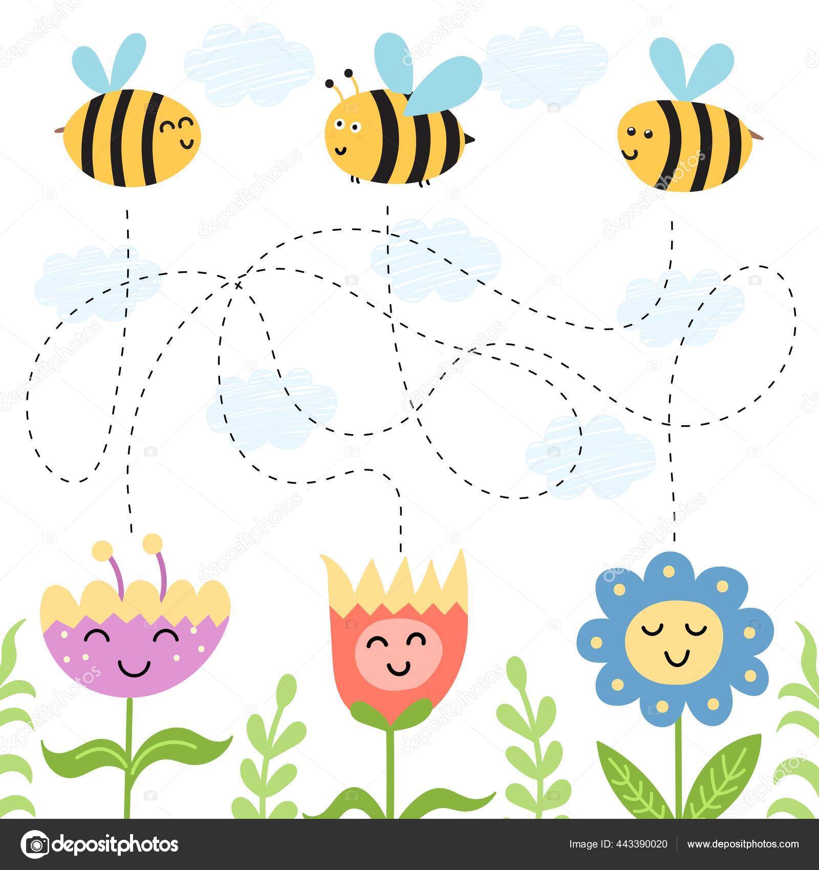 Ayuda a las abejas a encontrar el camino a las flores. Laberinto juego para  niños con personajes lindos vector, gráfico vectorial © JuliyaS imagen  #443390020