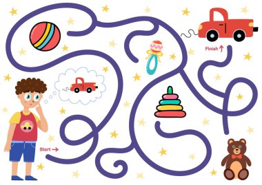 Çocuğun oyuncak arabaya giden yolu bulmasına yardım et. Çocuklar için doğru labirent bulmacasını seçin