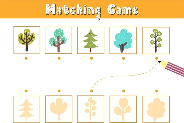 Finden Sie den richtigen Schatten. Passendes Spiel mit niedlichen Bäumen. Lustige Aktivitätsseite für Kinder — Stockvektor
