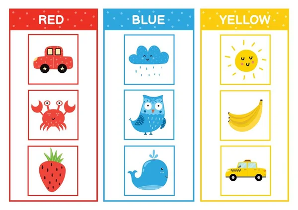 Lernen Sie die Primärfarben. Farbsortierungsseite - rot, blau, gelb. Schulungsmaterial — Stockvektor