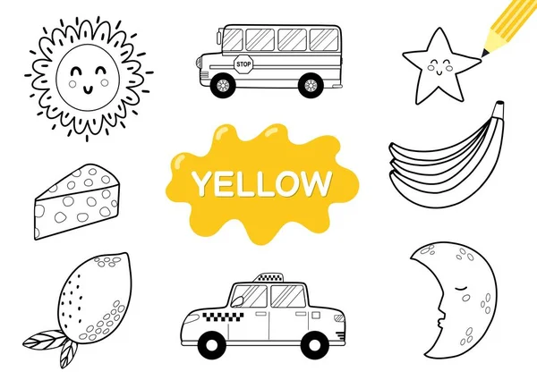 Färben Sie die Elemente gelb ein. Malseite für Kinder. Unterrichtsmaterial für die Schule — Stockvektor