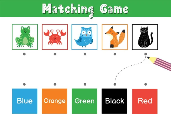 Egyezik az állatok színe. Oktatási játék az iskola és az óvoda. Válogatási tevékenység puzzle — Stock Vector