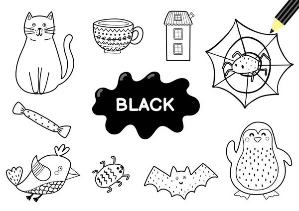 Kleur de elementen in zwart. Kleurplaat voor kinderen. Onderwijsmateriaal voor school en kleuterschool — Stockvector