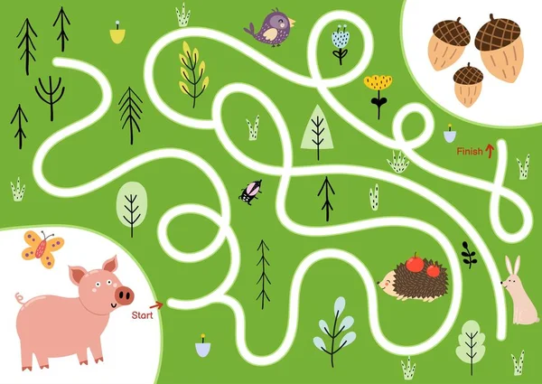Tatlı aç domuzun meşe palamuduna giden yolu bulmasına yardım et. Doğru yol labirent bulmacasını seç — Stok Vektör