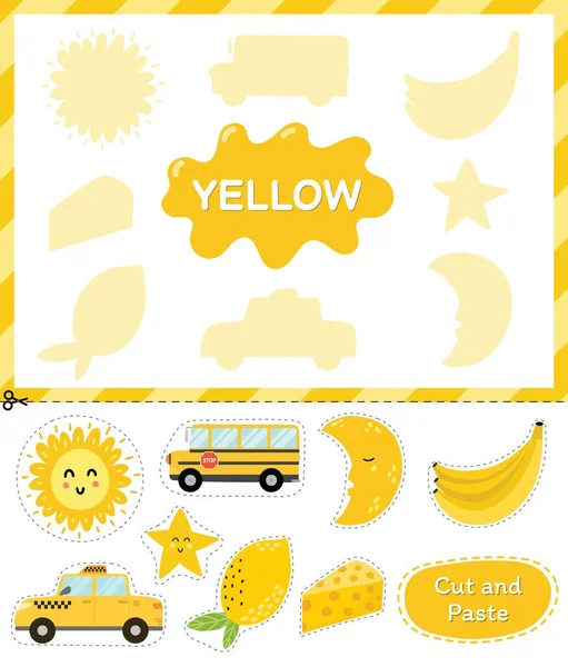 Gelbe Farbe. Schneiden Sie die Elemente und passen Sie sie mit den richtigen Schatten an. Farbe Gelb lernen — Stockvektor