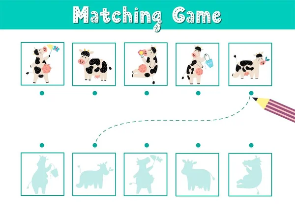 Hitta rätt skugga matchande spel med söta kor. Rolig aktivitetssida för barn — Stock vektor