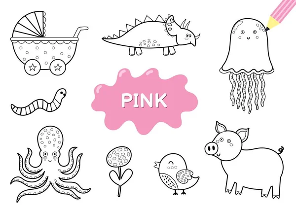Colorea los elementos en rosa. Página para colorear para niños. Material educativo para la escuela — Vector de stock